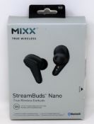 Ten boxed as new Mixx Streambuds Nano True Wireless Earbuds in Black (Boxes sealed, some damage to