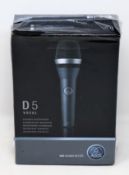 A boxed as new AKG D5 Dynamic Microphone (Box sealed, some damage to packaging).