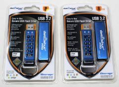 Two as new iStorage datAshur PRO 8GB Secure USB Flash Drives (P/N: IS-FL-DA3-256-8).