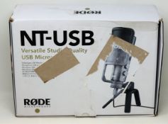 A boxed as new Rode NT-USB Condenser Microphone (Box opened, damage to box).