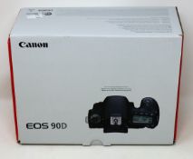 A boxed as new Canon EOS 90D 32.5MP DSLR Camera in Black (Body Only) (Box opened, some damage to