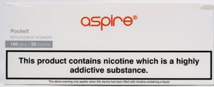 One hundred packs of five Aspire PockeX Replacement 1.2 Ohm Coils (Boxes opened) (Over 18's only).