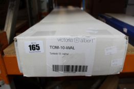 A boxed as new Victoria & Albert Tombolo 10 Walnut laminate bath rack with wine glass holders.