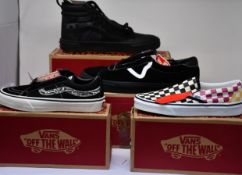 Four pairs of as new Vans footwear; Vans Sport (UK 12), Classic slip-on (UK 4), Sk8-Low (UK 4) and