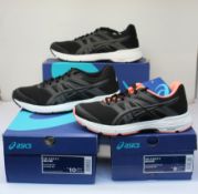 Three pairs of as new Asics Gel-Exalt 5 trainers (UK 7, 2 x UK 9).