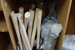 Twelve Silverline mini round-nose shovels and a quantity of pick axes and handles.