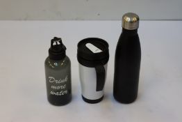 A large quantity of water bottles, flasks and beakers (approximately 70 items).