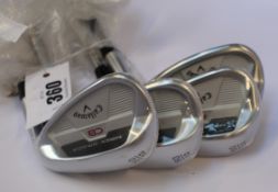 Three as new Callaway Mack Daddy CB wedges (2x 50 and 1x 60) and a pre-owned Callaway Mack Daddy
