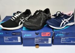 Three pairs of women's as new Asics trainers; Gel-Torrance (UK 5.5), Gel-Superion 3 (UK 5) and Gel-