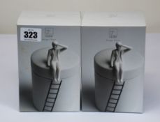 Four boxed as new Rader Porcelain Tales - Man Sitting - pots with lids.