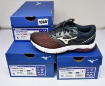 Three pairs of women's as new Mizuno Wave Prodigy 3 trainers (2 x UK 4, 1 x UK 6.5).