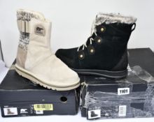Two pairs of women's as new Sorel boots; Explorer Joan (UK 8) and Newbie (UK 6.5).