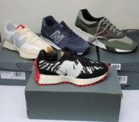 Four pairs of as new New Balance trainers; CM997HVS (UK 11.5), WS327BR1 (UK 4.5), WL574AM2 (UK 7)