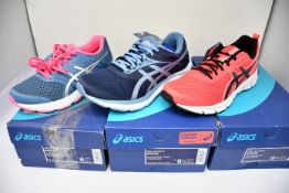 Three pairs of women's as new Asics trainers; Gel-Exalt 5 (UK 4), Gel-33 Run (UK 6.5) and Gel-Flux 6