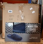 Twelve pairs of as new Slumberzzz Sherpa lined memory foam faux suede slippers.