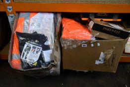 Two boxes of assorted as new workwear such as coats, trousers, safety footwear tabards, gloves,