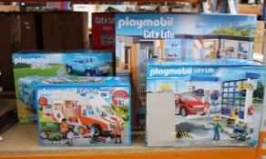 Five boxes of Playmobile - City Life 70190 Hospital, 9453 School, Ambulance 70049, Service Station