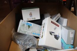 A box of assorted as new electrical items and accessories.