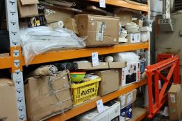 Three shelves of assorted house hold items to include bedding, laundry items, floor mats, Tefal