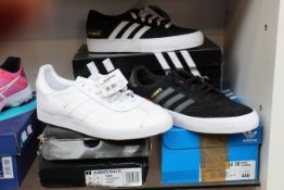 Three pairs of as new Adidas trainers; Gazelle (UK 10), Busenitz Vulc II (UK 7) and Matchbreak Super