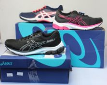 Three pairs of women's as new Asics trainers; Gel-Pulse 11 (UK 5.5), Gel-Pulse 12 (UK 6.5) and Gel-