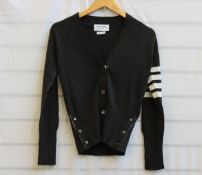 An as new Thom Browne Four-bar V-neck cashmere cardigan in dark grey (Size 42 - RRP £830).