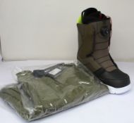 A pair of as new DC Scout snowboard boots (UK 9.5) and a pair of DC snowboard pants (L).