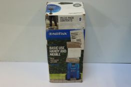 A Nilfisk Basic Use high pressure washer with a compact patio short fixed brush, both boxed.