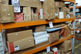 A large quantity of miscellaneous industrial, electrical and related items (three shelves).