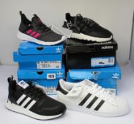 Four pairs of as new Adidas trainers; Multi-X (UK 5), Superstar (UK 10), youths Nite Jogger (UK 5)