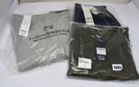Three pairs of assorted as new Scotch & Soda trousers (Sizes W33/L30, W28/L32, W33/L32).