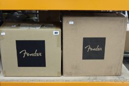 A boxed as new Fender Mustang LT25 230v amplifier and a boxed as new Fender Rumble 15 V3 230v bass