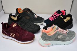 Six pairs of assorted as new Skechers footwear (Assorted sizes/styles).