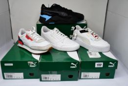 Four pairs of as new Puma trainers; RS-X3 Digital GR (UK 11), Ralph Sampson Lo (UK 8), women's