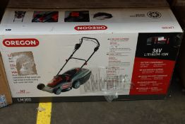 A boxed as new Oregon LM300 cordless lawnmower (battery and charger included).
