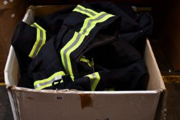 Three Bristol Uniforms firefighting jackets and three pairs of firefighting trousers.