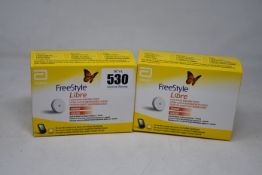 Two boxed as new FreeStyle Libre Sensors (Flash glucose monitoring systems, 31/03/2022).