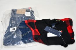 Two pairs of children's as new Tommy Hilfiger jeans (8) and a Tommy Hilfiger dress set (12 months).