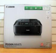 A boxed as new Canon Pixma MX475 all-in-one colour printer in black (box opened)