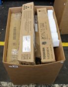 A box of assorted as new printer cartridges and printer parts (Some boxes opened/damaged).