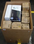 A box of assorted as new printer cartridges and printer parts (Some boxes opened/damaged).