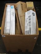 A box of assorted as new printer cartridges and printer parts (Some boxes opened/damaged).