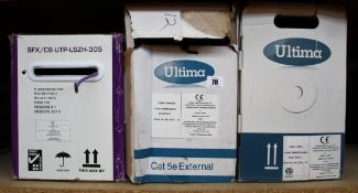 A boxed as new reel of Ultima Cat6 Data Cable (P/N: 778134), a boxed as new reel of Ultima Cat5e