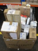 A box of assorted as new printer cartridges and printer parts (Some boxes opened/damaged).