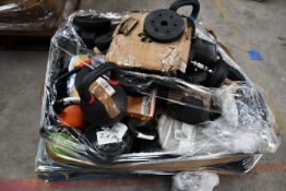 A quantity of gym weights and related items.