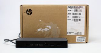 A pre-owned boxed HP USB-C universal dock in grey/black (PN: HSA-B005DS) (Box open with minor