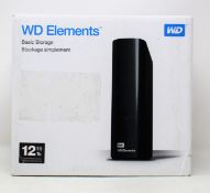 A boxed as new WD Elements 12TB desktop storage drive in black (Outer box damaged)