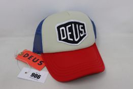 Fifteen as new Deus Ex Machina Baylands trucker caps in red/blue (RRP £25 each).
