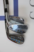 Three pre-owned right-handed golf clubs to include; A Mizuno T20 wedge (Good condition) and Two