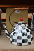 A boxed Mackenzie-Childs Courtly Check Enamel Tea Kettle.